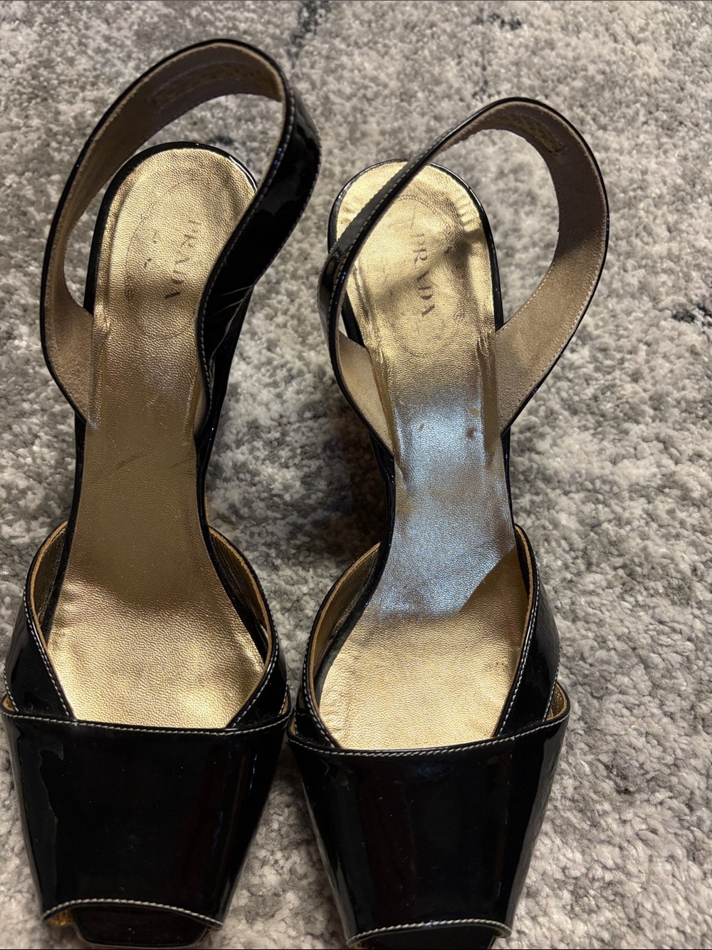 Prada Black Patent Slingback Heels with Gold Insoles